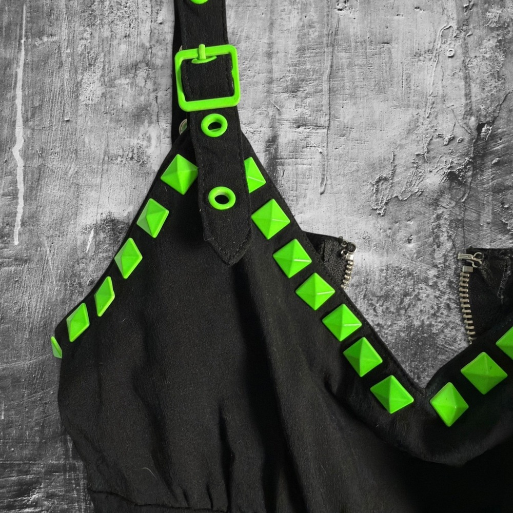 Dolls Kill The Grave Girls Sold Out Black Neon Green Studded Goth Mini Dress L - Picture 7 of 9